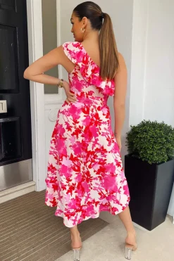 Pink Floral One Shoulder Frill Detail Dipped Hem Dress