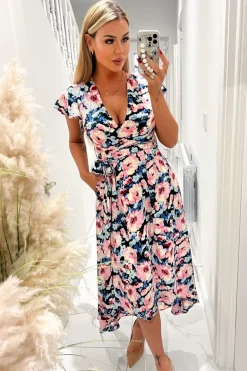 Pink Floral Print Short Sleeve Belted Wrap Midi Dress
