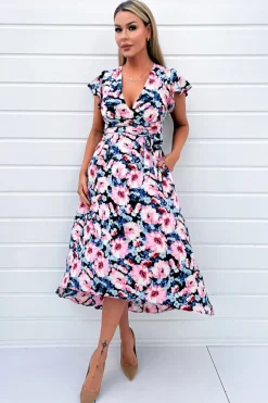 Pink Floral Print Short Sleeve Belted Wrap Midi Dress