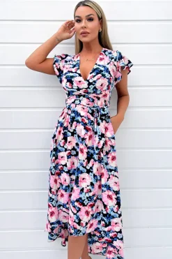 Pink Floral Print Short Sleeve Belted Wrap Midi Dress
