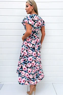 Pink Floral Print Short Sleeve Belted Wrap Midi Dress