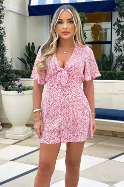 Pink Floral Printed Tie Front Playsuit