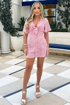 Pink Floral Printed Tie Front Playsuit
