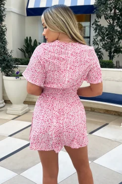 Pink Floral Printed Tie Front Playsuit