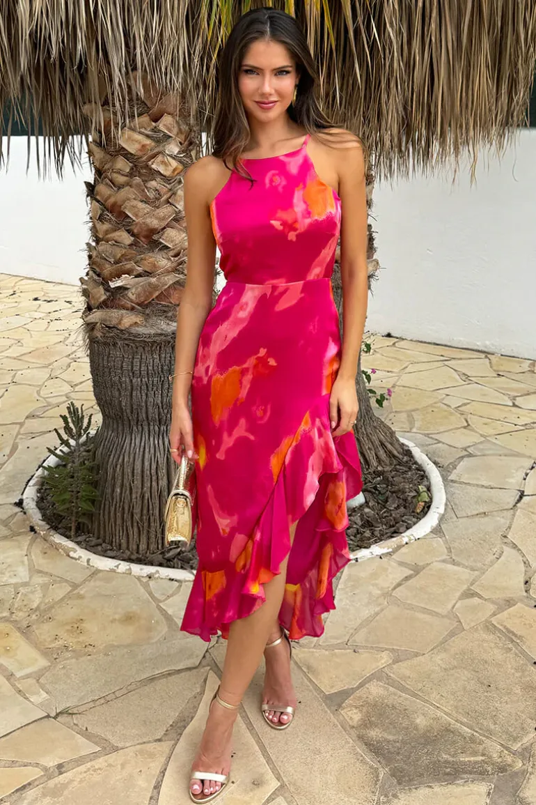 Pink Smudge Print Racer Neck High Low Frill Hem Midi Dress