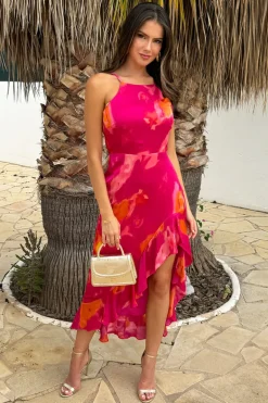 Pink Smudge Print Racer Neck High Low Frill Hem Midi Dress