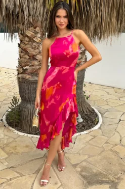 Pink Smudge Print Racer Neck High Low Frill Hem Midi Dress