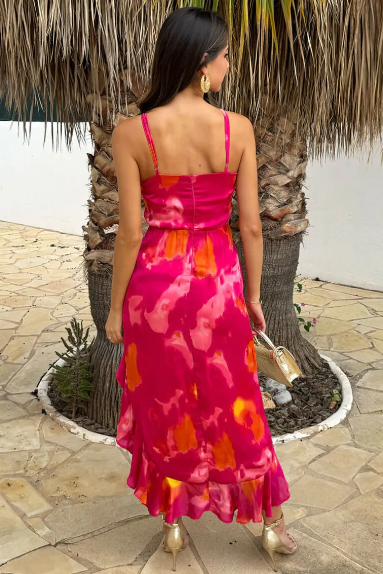 Pink Smudge Print Racer Neck High Low Frill Hem Midi Dress