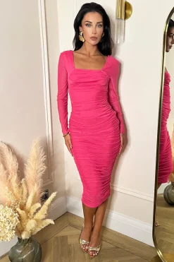 Pink Square Neck Long Sleeve Ruched Bodycon Mesh Midi Dress