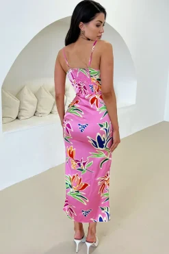 Pink Tropical Print  Cowl Neck Ruched Side Strappy Midi Dress
