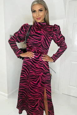 Pink Zebra Print Long Puff Sleeve Midi Dress