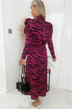 Pink Zebra Print Long Puff Sleeve Midi Dress