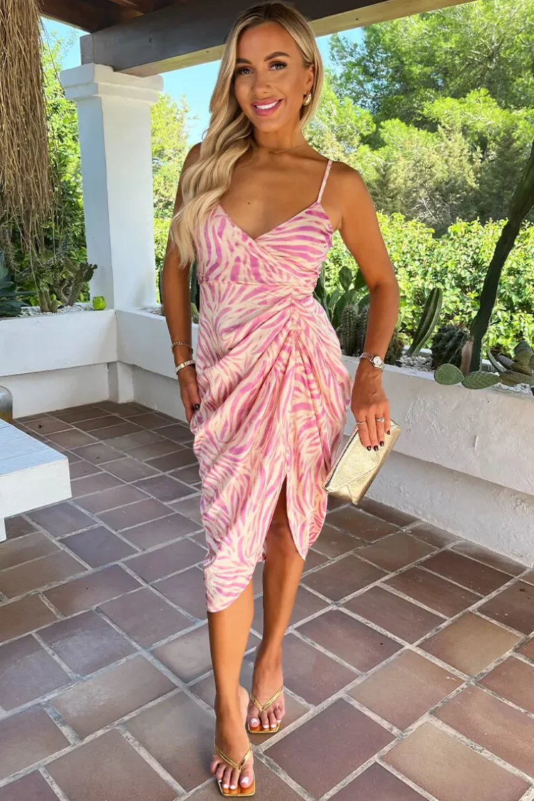 Pink Zebra Print Strappy Wrap Top Gathered Skirt Midi Dress