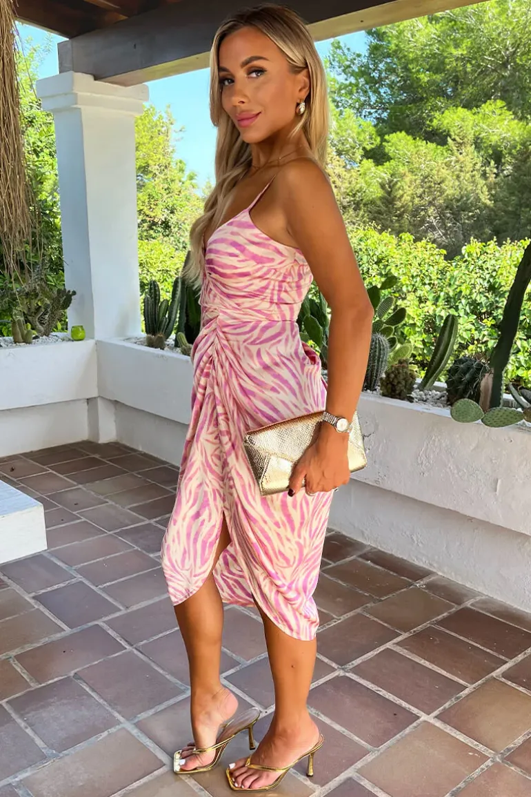 Pink Zebra Print Strappy Wrap Top Gathered Skirt Midi Dress
