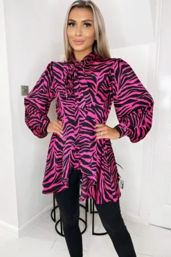 Pink Zebra Print Tie Neck Shirt