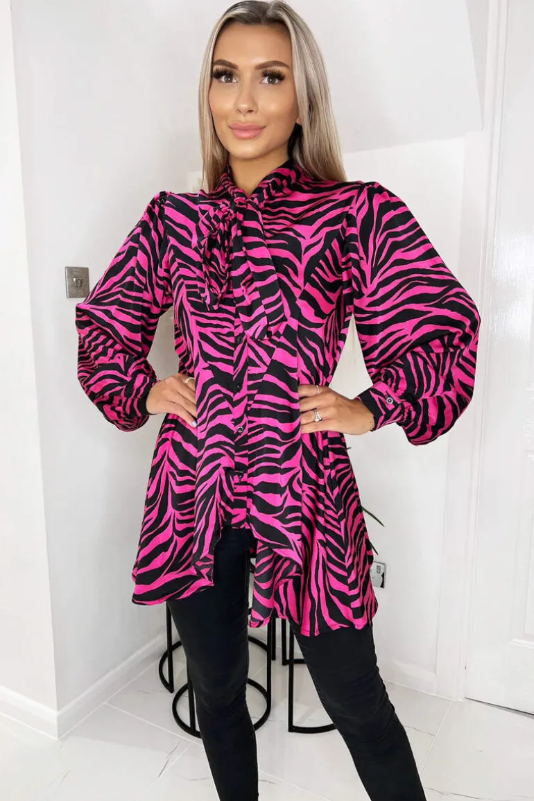 Pink Zebra Print Tie Neck Shirt