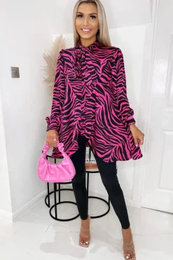 Pink Zebra Print Tie Neck Shirt