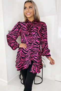 Pink Zebra Print Tie Neck Shirt