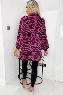 Pink Zebra Print Tie Neck Shirt