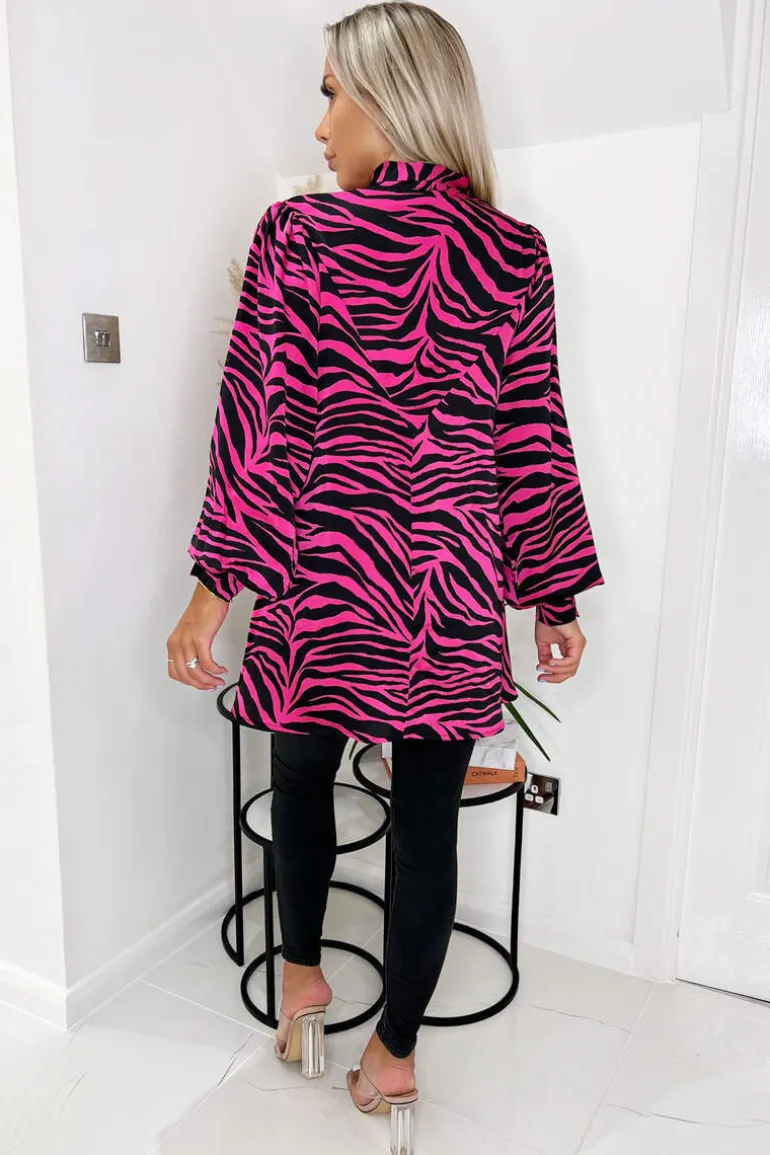 Pink Zebra Print Tie Neck Shirt