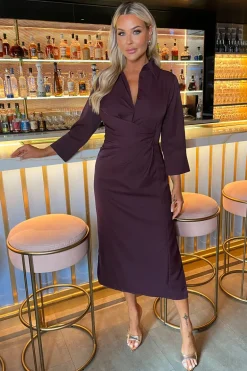 Plum 3/4 Sleeves Gathered Waist Shirt Midi Dress