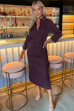 Plum 3/4 Sleeves Gathered Waist Shirt Midi Dress