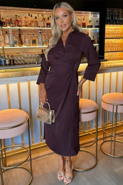 Plum 3/4 Sleeves Gathered Waist Shirt Midi Dress