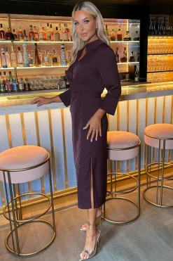 Plum 3/4 Sleeves Gathered Waist Shirt Midi Dress