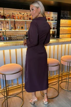 Plum 3/4 Sleeves Gathered Waist Shirt Midi Dress