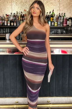 Plum Abstract Print Mesh One Shoulder Bodycon Midi Dress
