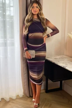Plum Abstract Print Mesh Long Sleeve Bodycon Midi Dress