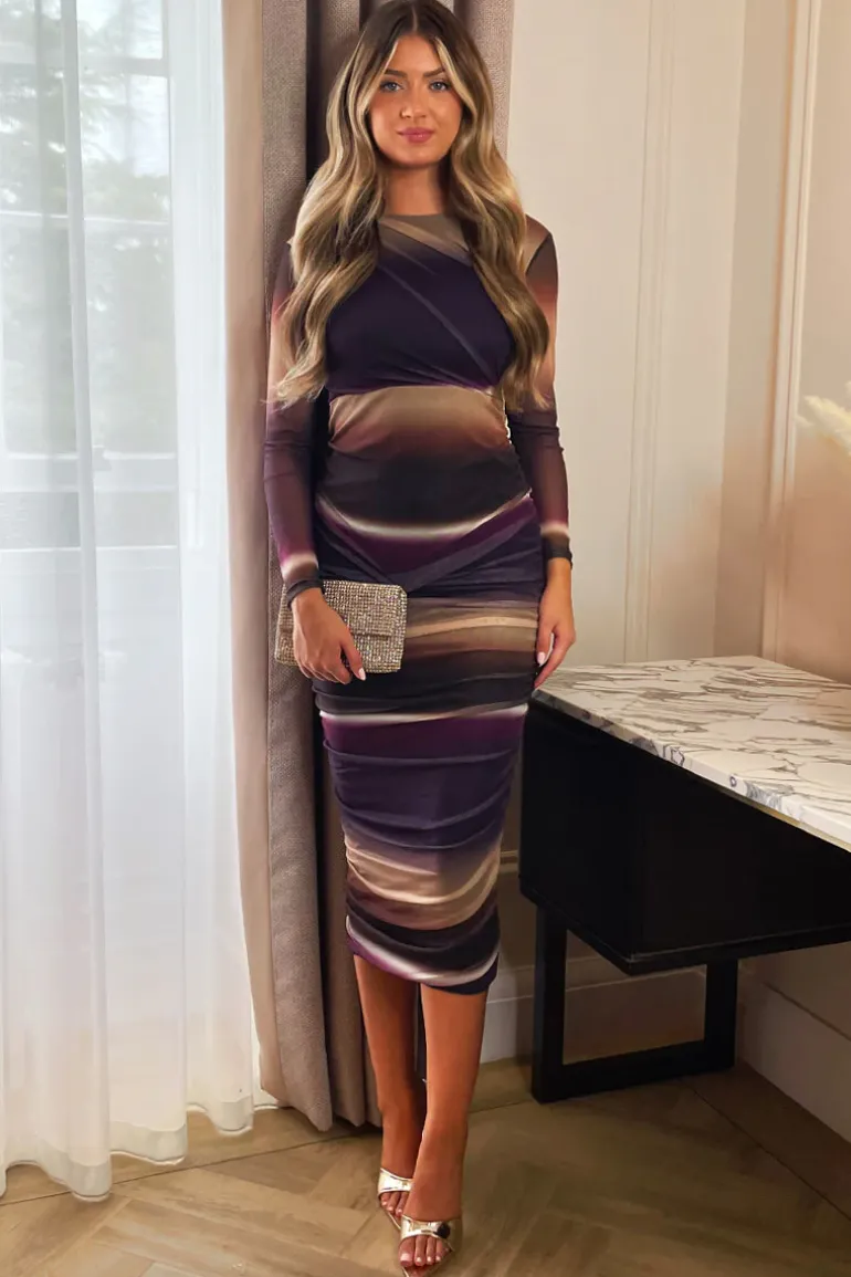 Plum Abstract Print Mesh Long Sleeve Bodycon Midi Dress