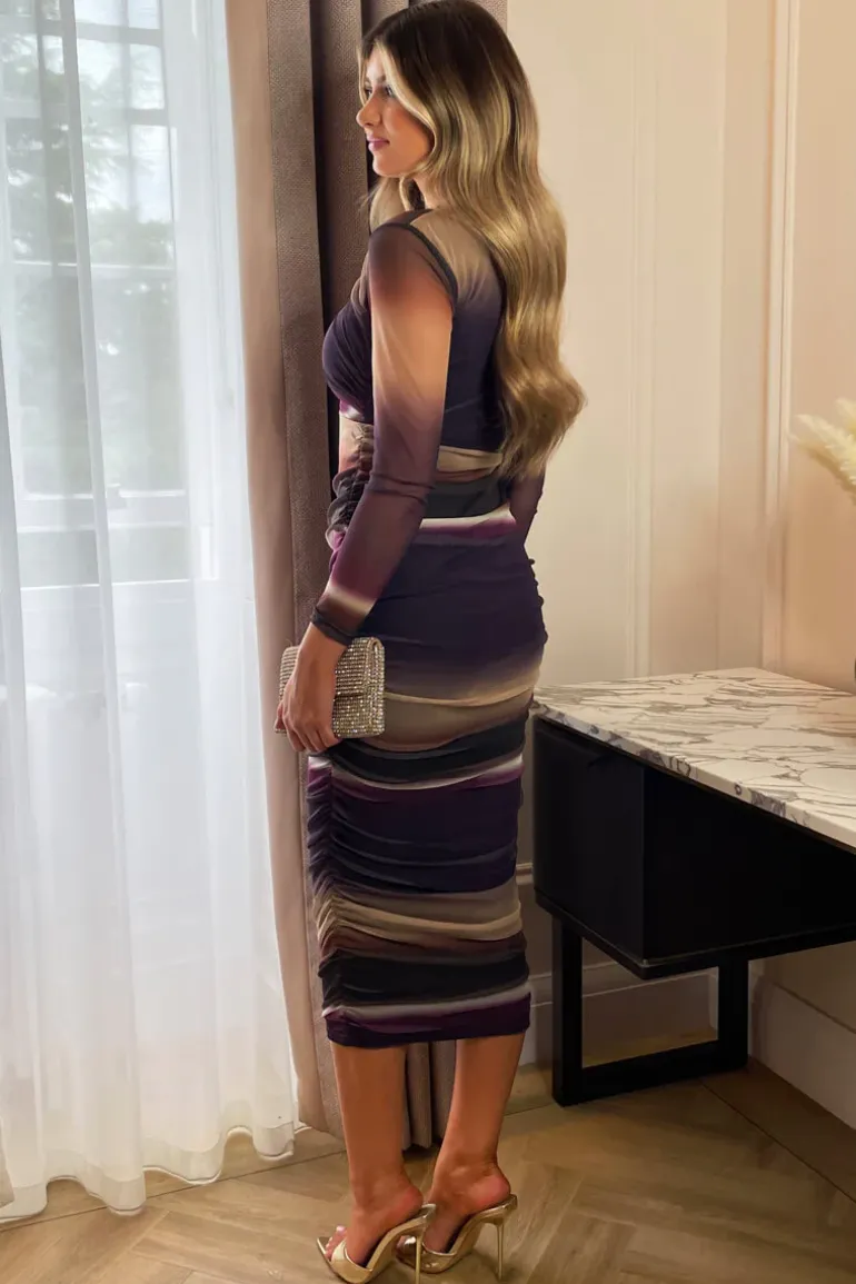 Plum Abstract Print Mesh Long Sleeve Bodycon Midi Dress