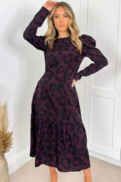Plum And Black Animal Print Long Sleeve Midi Smock Dress