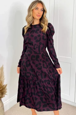 Plum And Black Animal Print Long Sleeve Midi Smock Dress
