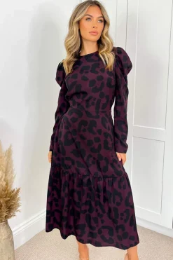 Plum And Black Animal Print Long Sleeve Midi Smock Dress