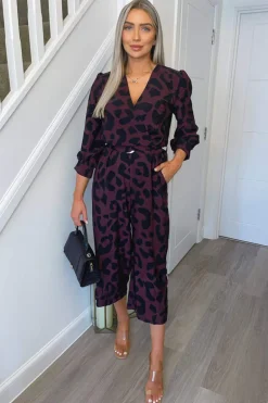 Plum And Black Printed Belted Long Sleeve Jumpsuit
