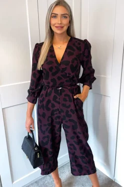 Plum And Black Printed Belted Long Sleeve Jumpsuit