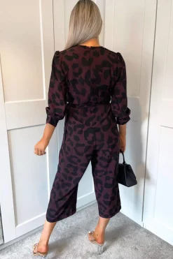 Plum And Black Printed Belted Long Sleeve Jumpsuit
