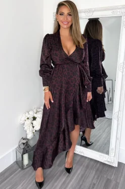 Plum Animal Print Long Sleeve Wrap Over Frill Hem Midi Dress