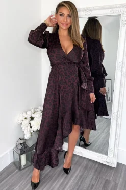 Plum Animal Print Long Sleeve Wrap Over Frill Hem Midi Dress