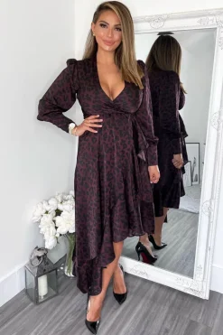 Plum Animal Print Long Sleeve Wrap Over Frill Hem Midi Dress