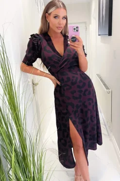 Plum Animal Print Pleated Sleeve Midi Dress