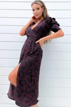 Plum Animal Print Pleated Sleeve Midi Dress