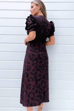 Plum Animal Print Pleated Sleeve Midi Dress
