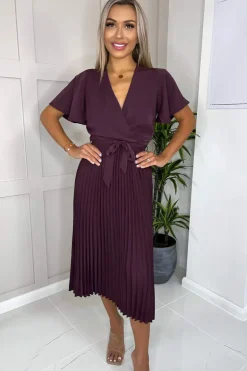 Plum Belted Pleated Skirt Midi Dress