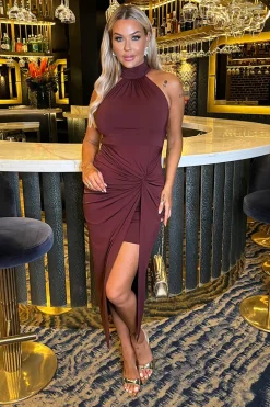 Plum Halter Neck Knot Skirt Midi Dress