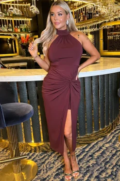 Plum Halter Neck Knot Skirt Midi Dress