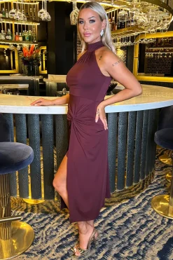 Plum Halter Neck Knot Skirt Midi Dress