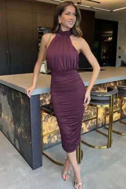 Plum Halter Neck Ruched Bodycon Midi Dress